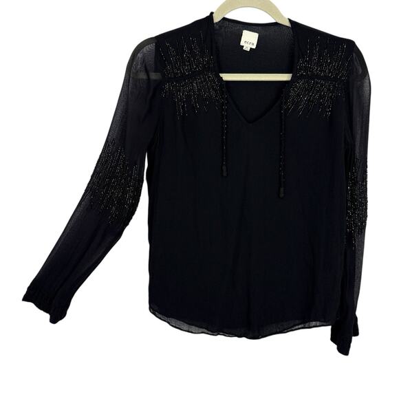 ecru Beaded Chiffon Top Women size XS Black Long sleeve Pullover - Picture 1 of 10